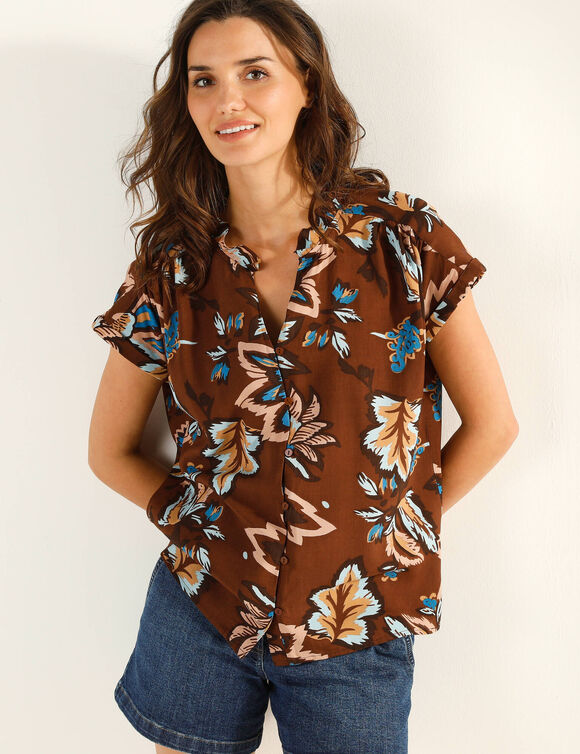 Chemisier manches courtes, imprim&eacute; XXL (chocolat / bleu)