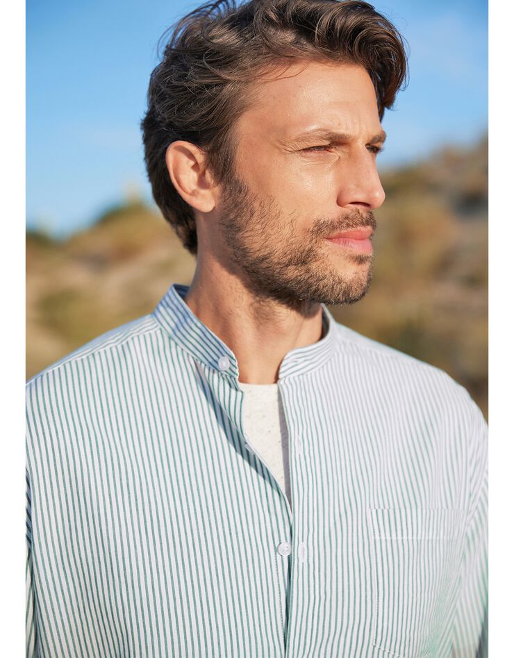Chemise rayée col mao (écru / vert) Chemise rayée col mao (écru / vert)