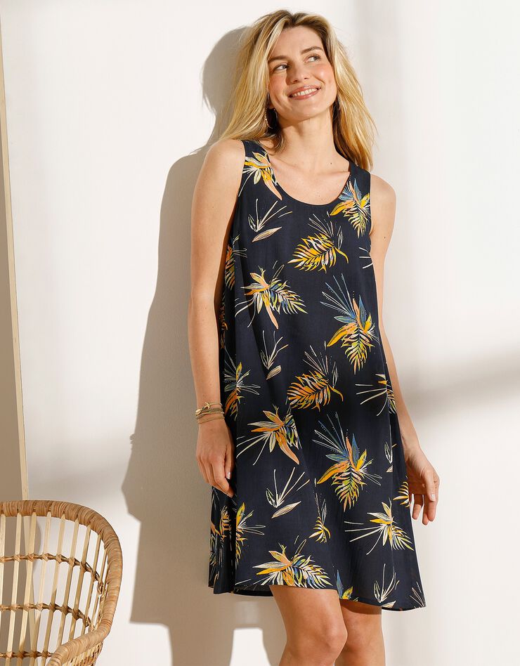 Robe courte sans manches imprimé tropical (marine / corail) Robe courte sans manches imprimé tropical (marine / corail)