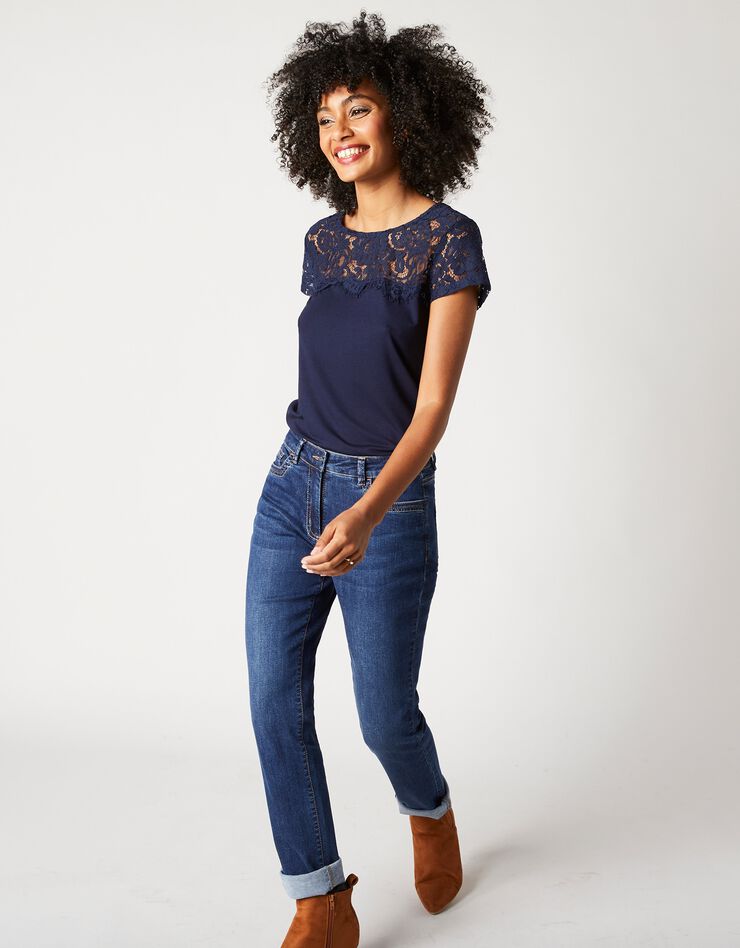 Tee-shirt dentelle col rond manches courtes (marine) Tee-shirt dentelle col rond manches courtes (marine)