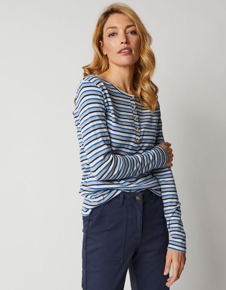 Tee-shirt col tunisien rayé (bleu / marine) Tee-shirt col tunisien rayé (bleu / marine)