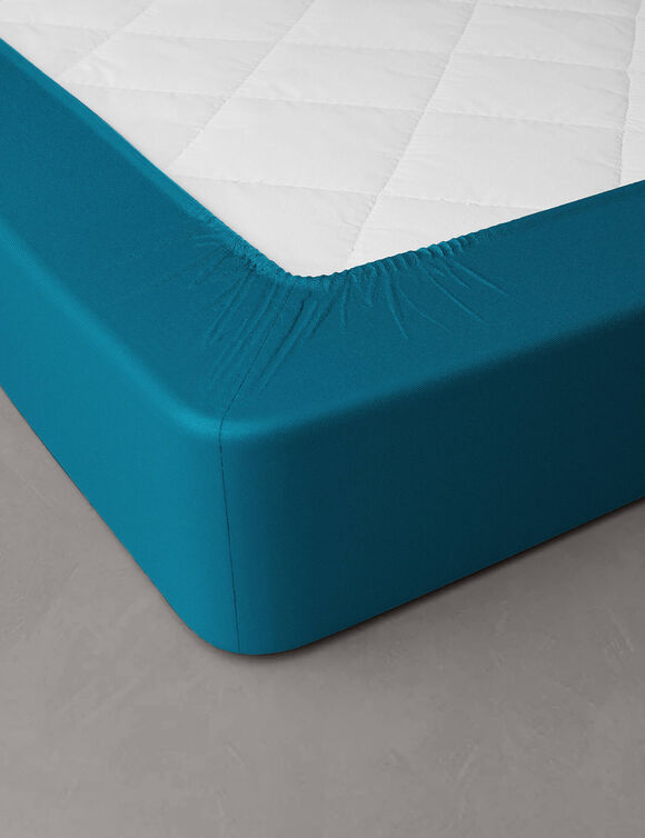 Drap-housse uni percale bonnets 40 cm (bleu paon)