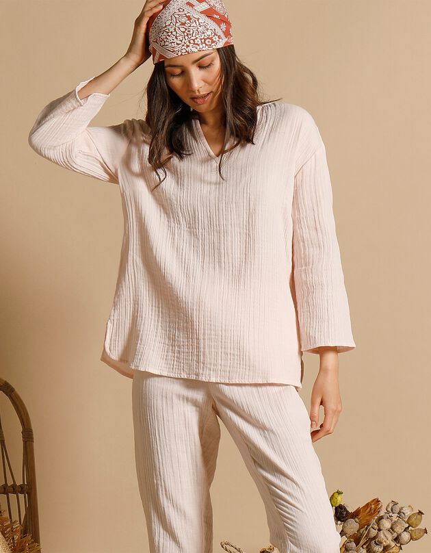 Blouse col tunisien manches 3/4 gaze de coton (rose pâle) Blouse col tunisien manches 3/4 gaze de coton (rose pâle)