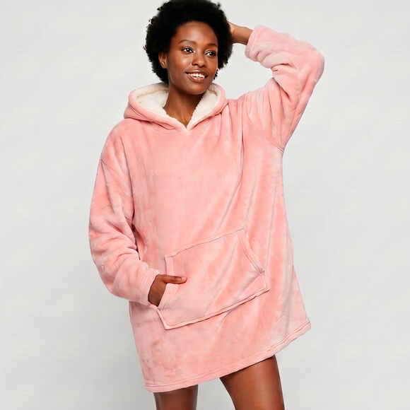 Plaid-sweat polaire &agrave; capuche doubl&eacute; sherpa (rose)