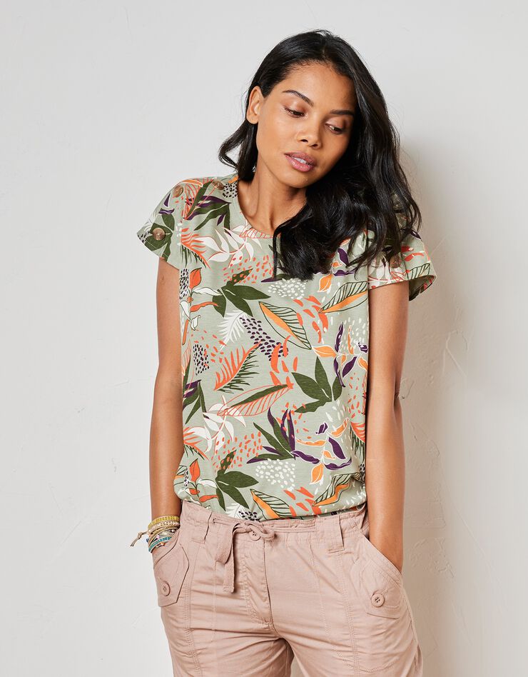 Tee-shirt col rond imprimé tropical (kaki / tomette) Tee-shirt col rond imprimé tropical (kaki / tomette)