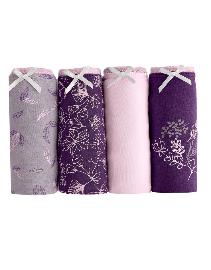 Culotte coton forme midi imprimé motif floral assortis – Lot de 4 - (prune / rose)