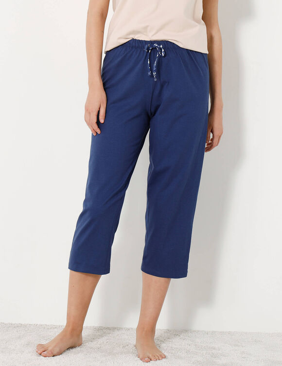 Pantacourt pyjama coton uni avec noeud imprimé floral (marine)
