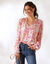 Blouse smockée col volanté, voile imprimée (écru / rose)
