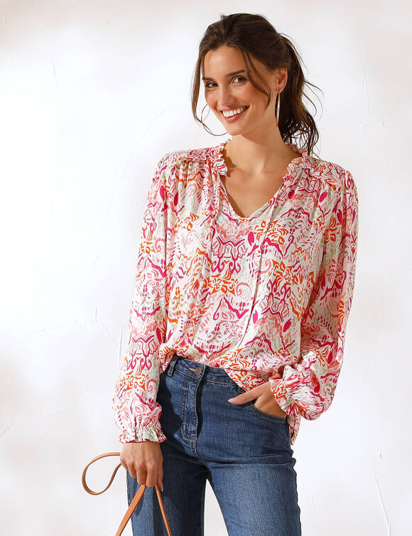 Blouse smock&eacute;e col volant&eacute;, voile imprim&eacute;e (&eacute;cru / rose)