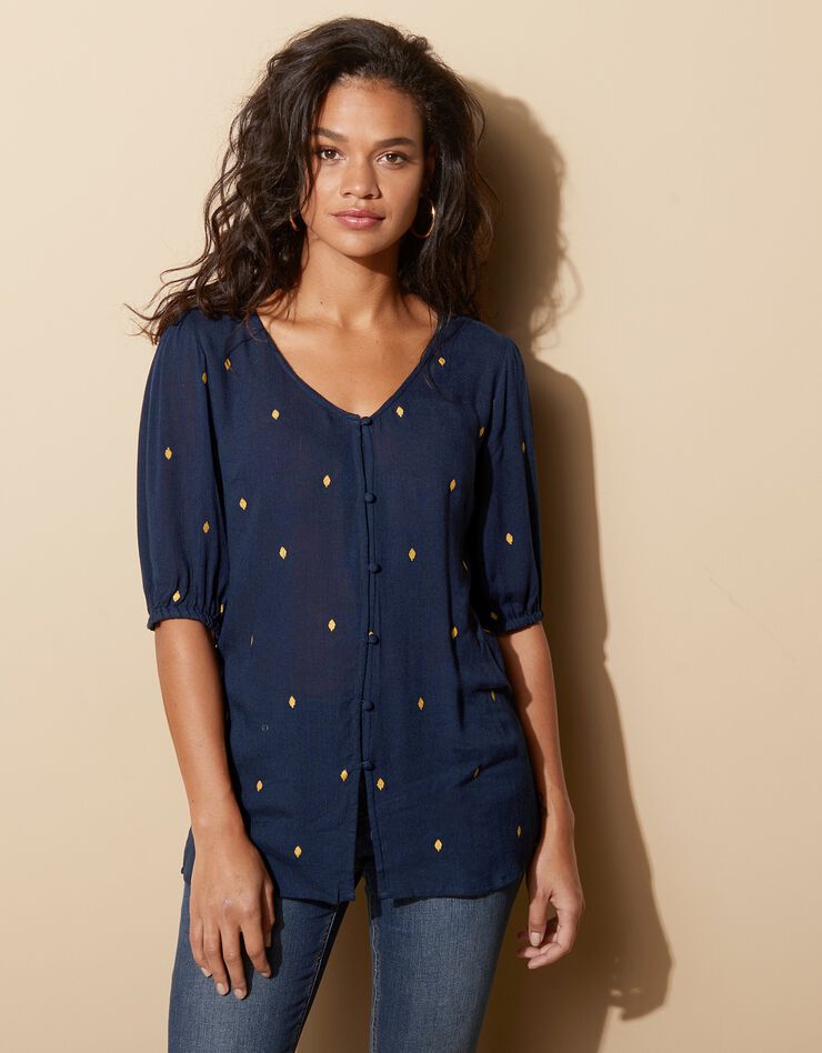 Blouse imprimé doré, crépon (marine / doré) Blouse imprimé doré, crépon (marine / doré)