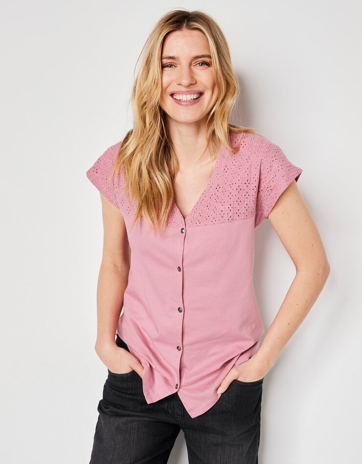 Tee-shirt boutonné, broderie anglaise (rose grisé) Tee-shirt boutonné, broderie anglaise (rose grisé)