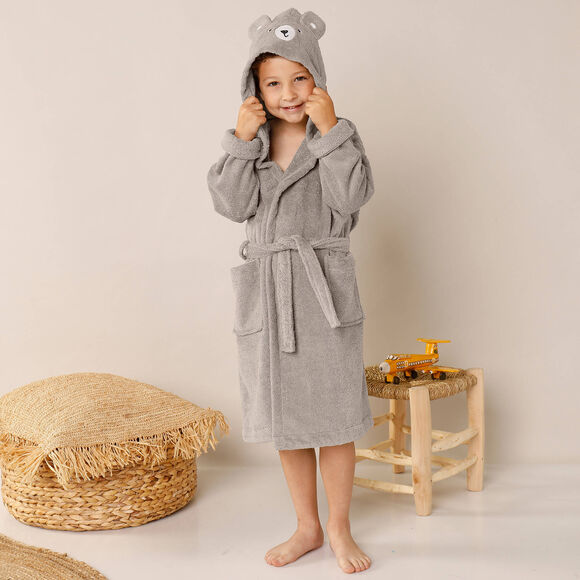 Peignoir de bain enfant ourson à capuche éponge coton - 340 g/m² (taupe)
