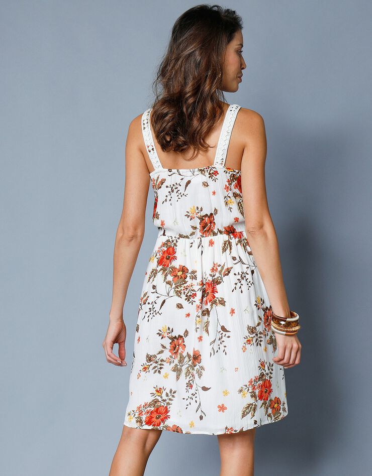 Robe imprimé fleuri et macramé (écru / orange)