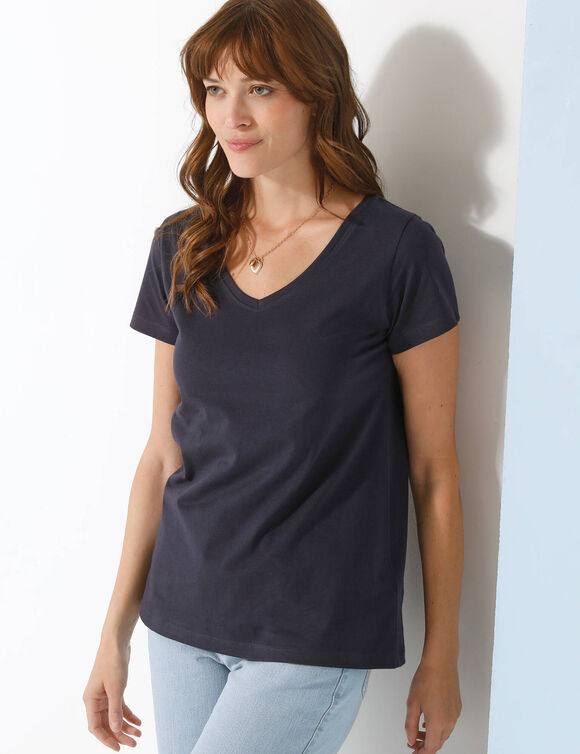 T-shirt col V uni manches courtes, coton (marine)