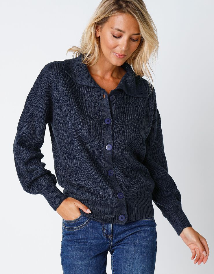 Cardigan maille fantaisie manches blousantes avec col (marine) Cardigan maille fantaisie manches blousantes avec col (marine)