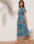 Robe volantée cache-coeur imprimée, crépon (bleu / vert)