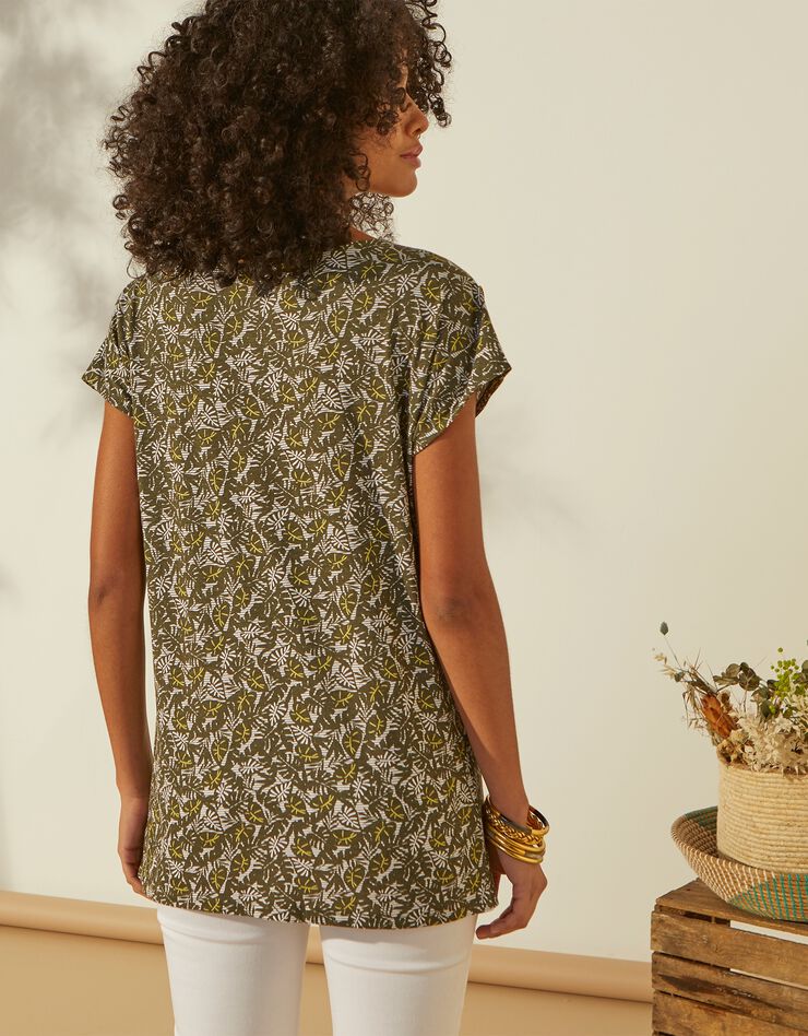 Tee-shirt imprimé col V, manches courtes et boutons sur épaules (bronze) Tee-shirt imprimé col V, manches courtes et boutons sur épaules (bronze)