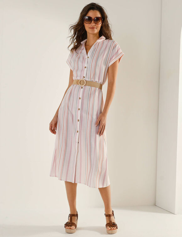 Robe chemise ray&eacute;e, manches courtes, coton fils tiss&eacute;s teints (&eacute;cru)