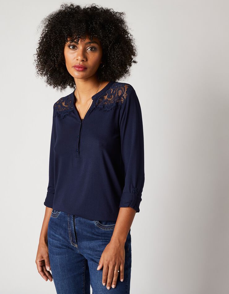 Tee-shirt col tunisien dentelle jersey (marine) Tee-shirt col tunisien dentelle jersey (marine)