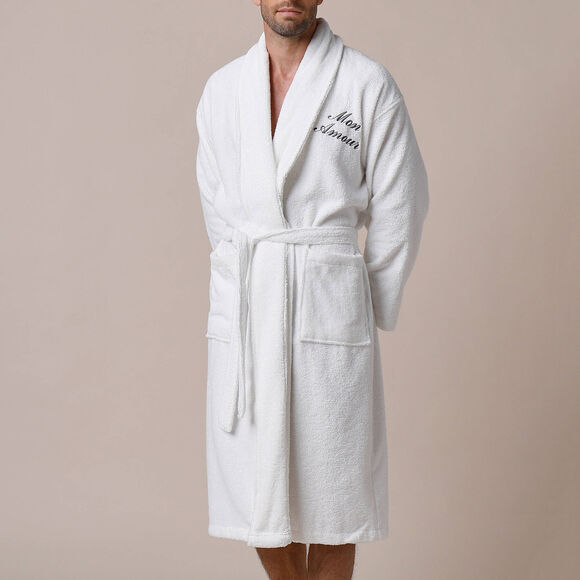 Peignoir mixte adulte &eacute;ponge bouclette col ch&acirc;le personnalisable (blanc)