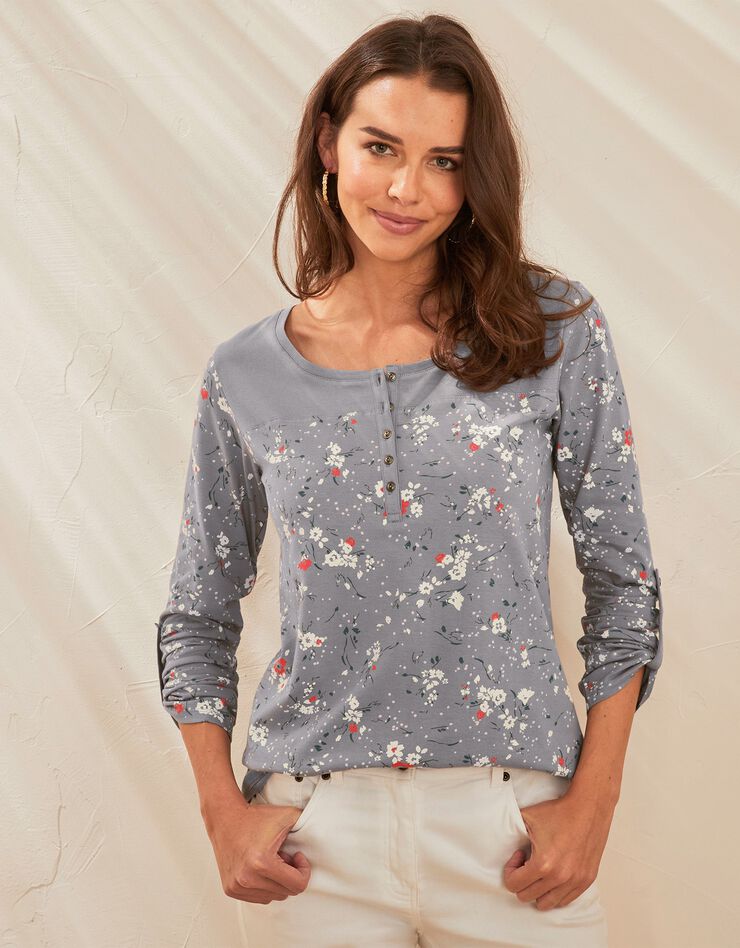 Tee-shirt col tunisien manches longues imprimé fleuri (gris) Tee-shirt col tunisien manches longues imprimé fleuri (gris)
