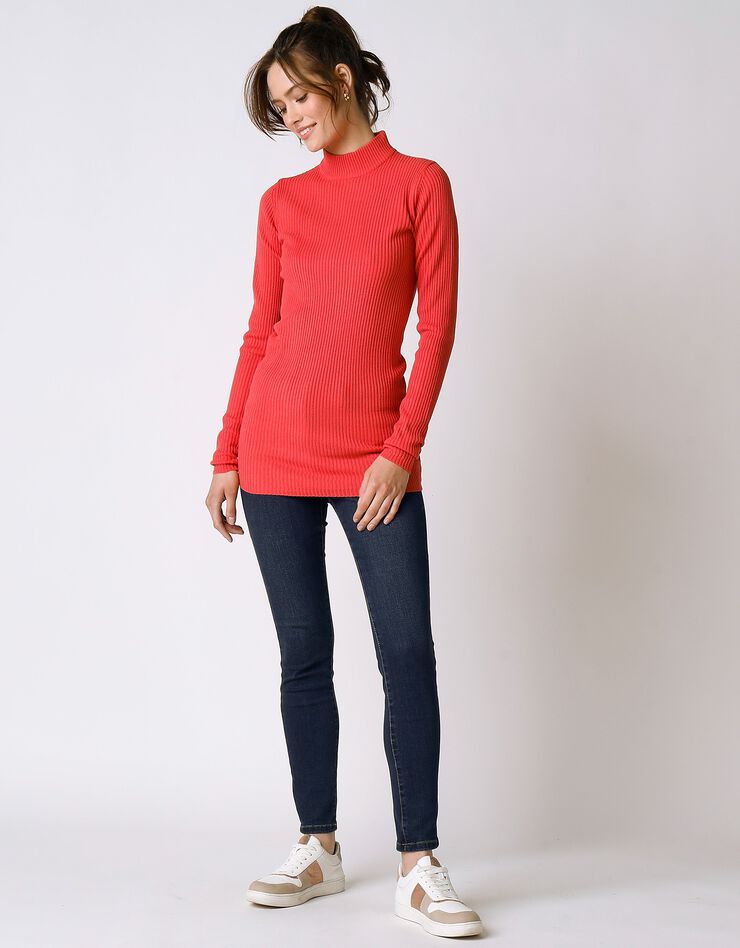 Pull col montant long, maille côtelée (corail foncé) Pull col montant long, maille côtelée (corail foncé)