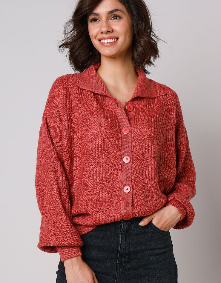 Cardigan maille fantaisie manches blousantes avec col (bleu paon)