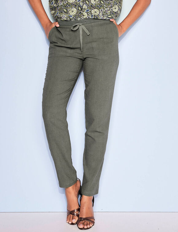 Pantalon fuselé fluide, lin-coton (kaki)