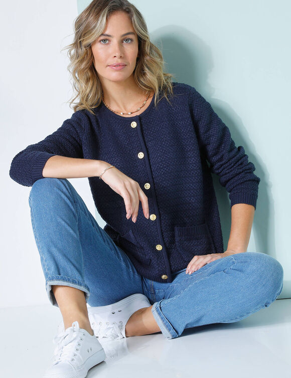 Cardigan uni maille fantaisie (marine)