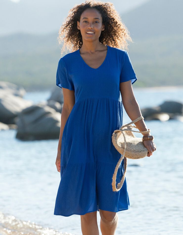 Robe col V courte unie, crépon (bleu dur)