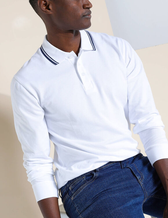 Polo uni maille piqu&eacute;e manches longues (blanc)