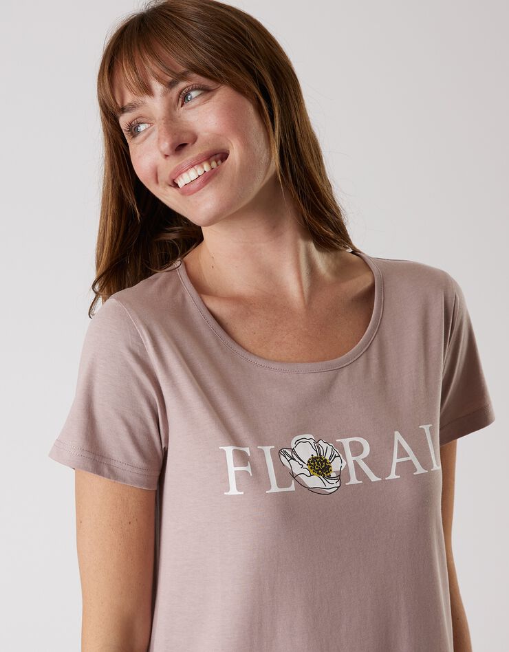 Chemise de nuit longue manches courtes en coton motif "Floral"  (taupe)