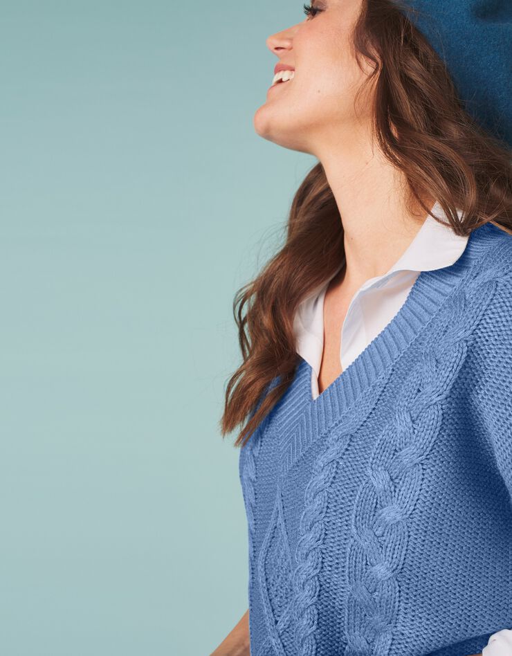 Pull tunique torsadé manches courtes, toucher cachemire (bleu grisé) Pull tunique torsadé manches courtes, toucher cachemire (bleu grisé)