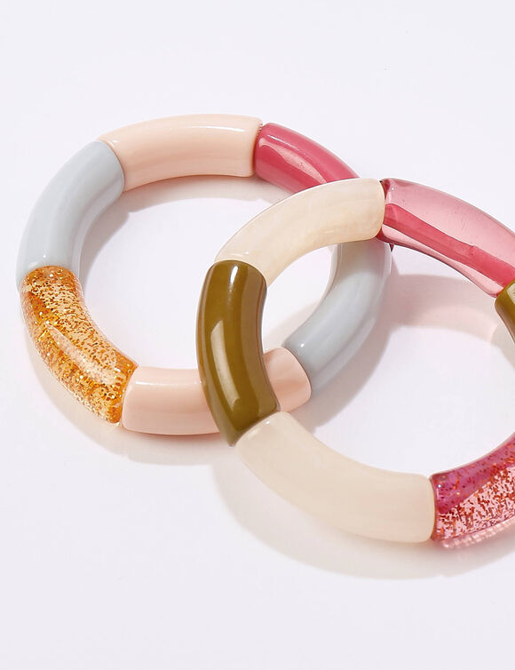 Bracelet élastiqué perles tubulaires, lot de 2 (rose / écru)