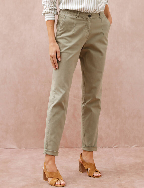 Pantalon coupe mom taille haute, stretch (kaki clair)