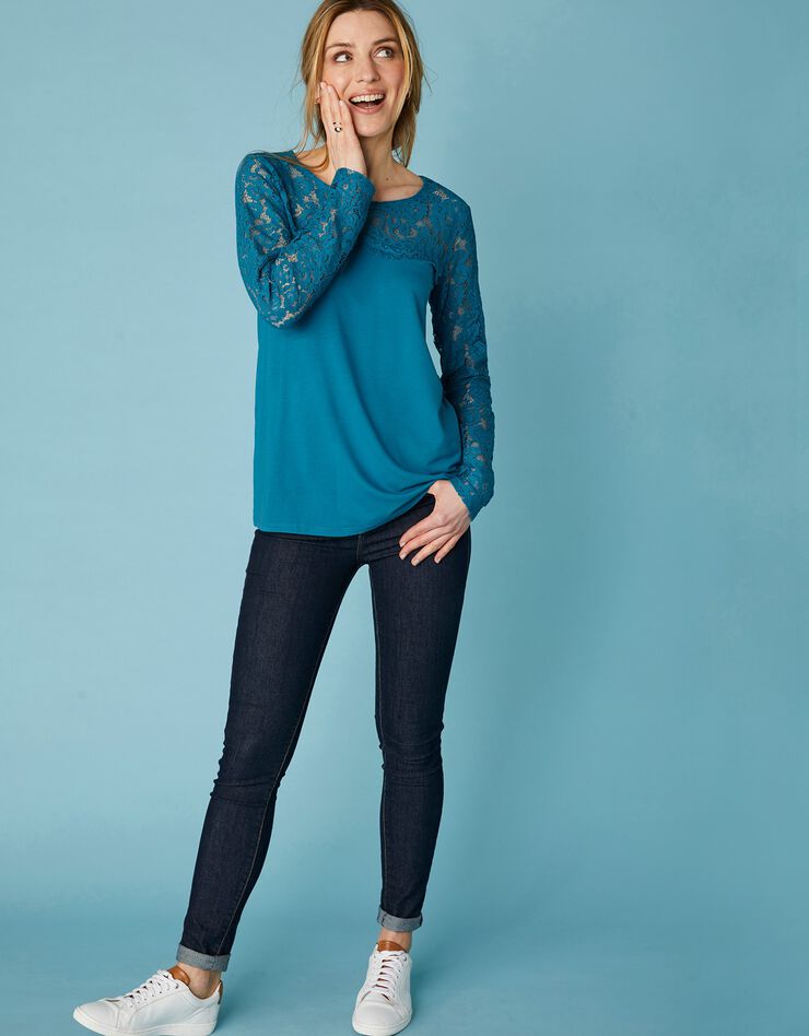 Tee-shirt col rond manches longues, dentelle jersey (bleu prusse) Tee-shirt col rond manches longues, dentelle jersey (bleu prusse)