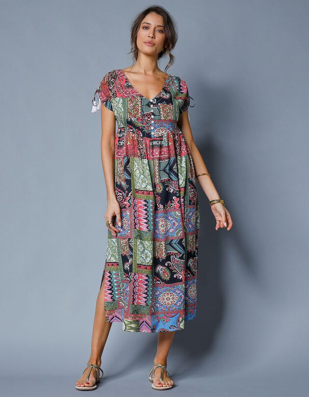 Robe mi-longue manches courtes imprimée (noir / rose)