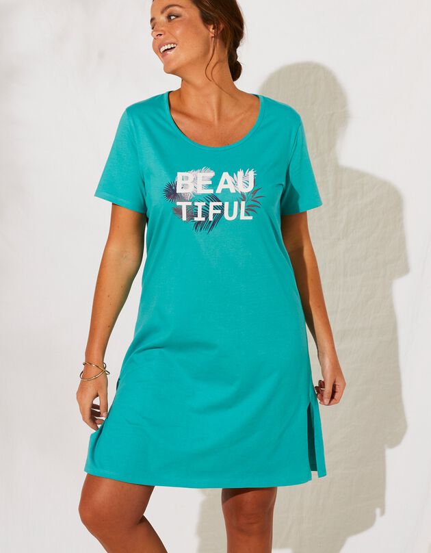 Chemise de nuit manches courtes imprimé tropical (émeraude) Chemise de nuit manches courtes imprimé tropical (émeraude)
