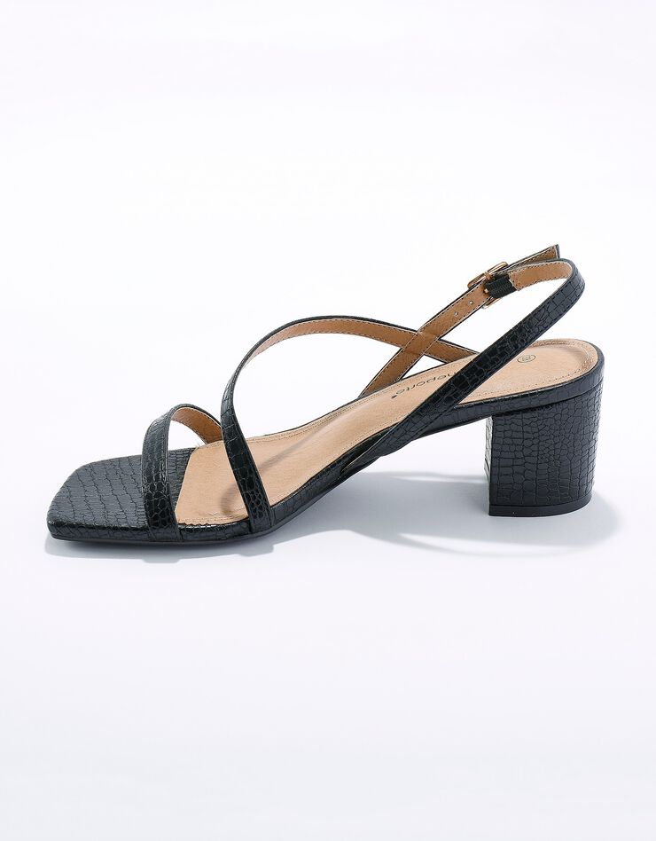 Sandales à fines brides effet croco et talon carré (noir) Sandales à fines brides effet croco et talon carré (noir)