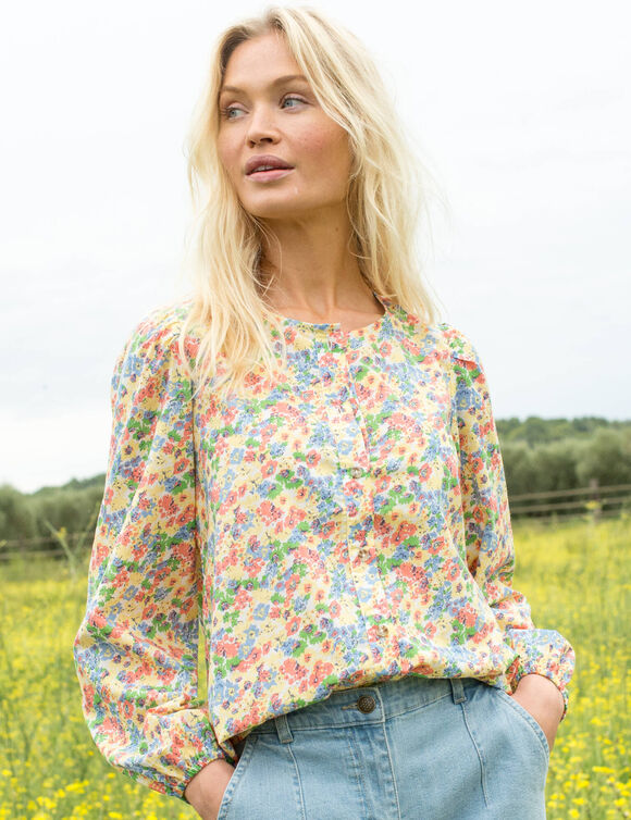 Chemisier col rond imprim&eacute; fleuri, manches longues blousantes TEST (jaune / bleu)