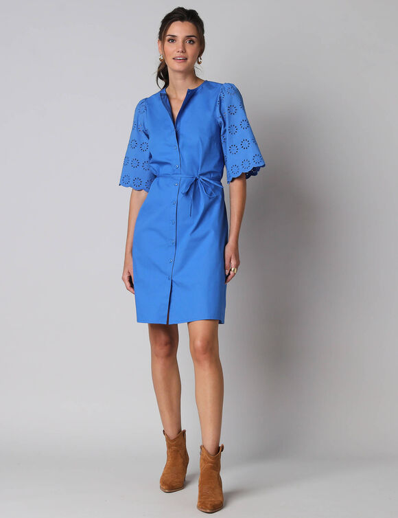 Robe-chemisier en coton uni, &agrave; manches coudes en broderies anglaises (bleu)