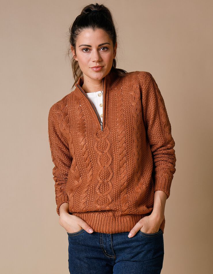 Pull col montant zippé maille torsadée toucher cachemire (noisette) Pull col montant zippé maille torsadée toucher cachemire (noisette)