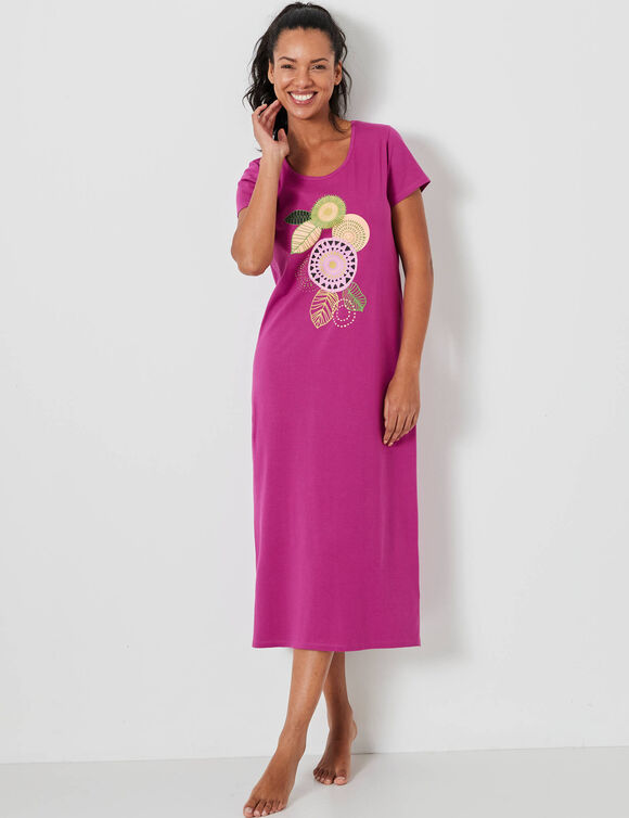 Chemise de nuit longue manches courtes motif &laquo;rosaces &raquo; (violine)