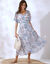 Robe col V, voile imprimé (écru / bleu)