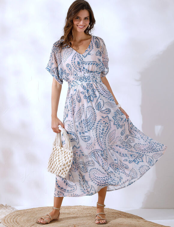 Robe col V, voile imprimé (écru / bleu)