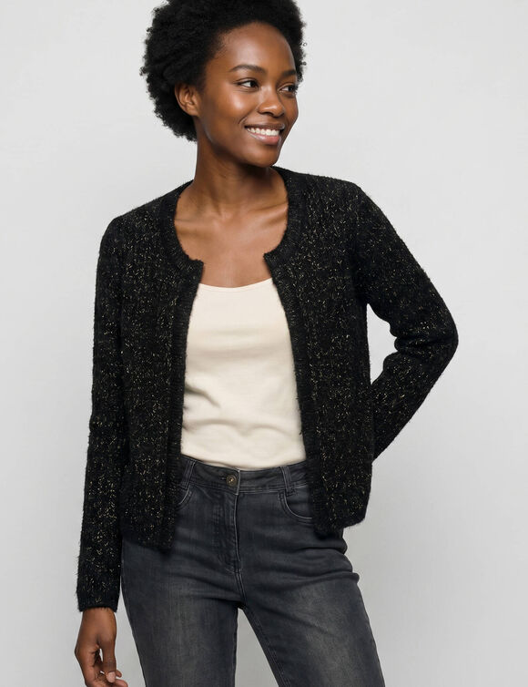 Gilet paletot, maille perl&eacute;e fils brillants (noir)