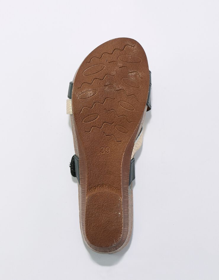 Sandales cuir scratchées compensées effet bois à semelle liège (noir)