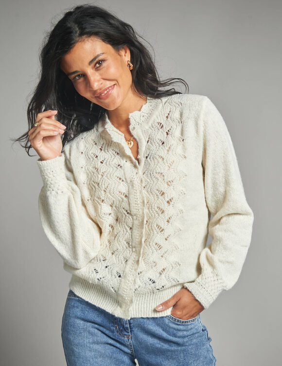 Gilet boutonné col montant, maille fantaisie  (ivoire)