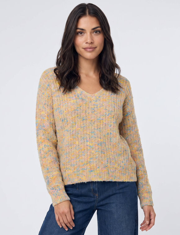 Pull col V volume loose, maille anglaise moulin&eacute;e (naturel)
