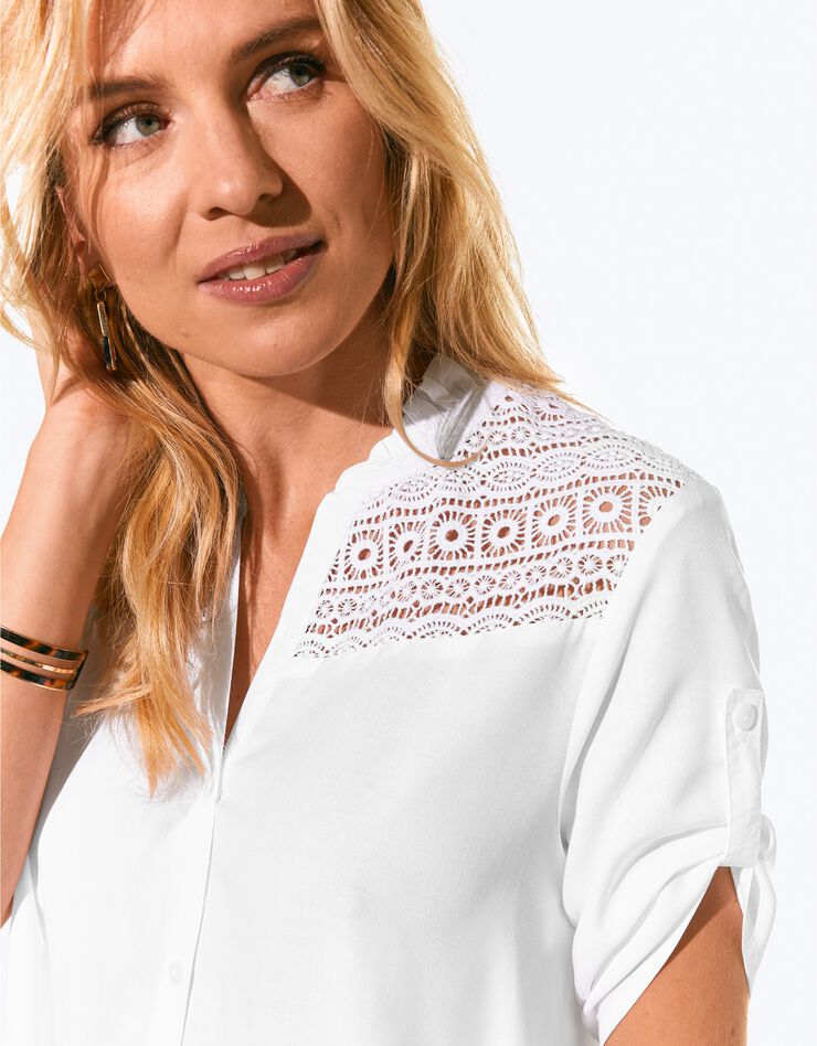Tunique boutonnée col tunisien unie (blanc) Tunique boutonnée col tunisien unie (blanc)